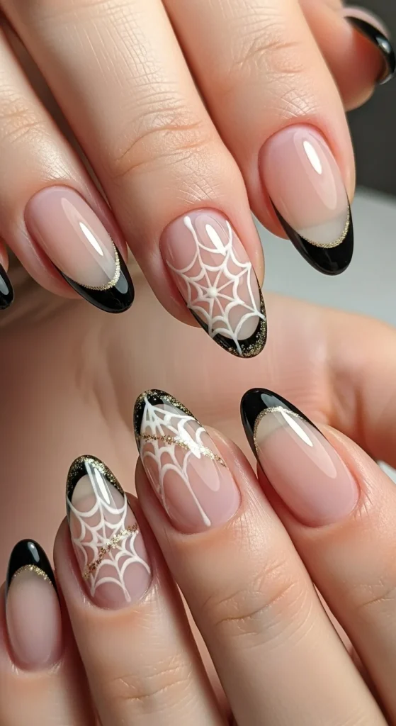 Nude nails with black french tips, minimalist spider web accents.