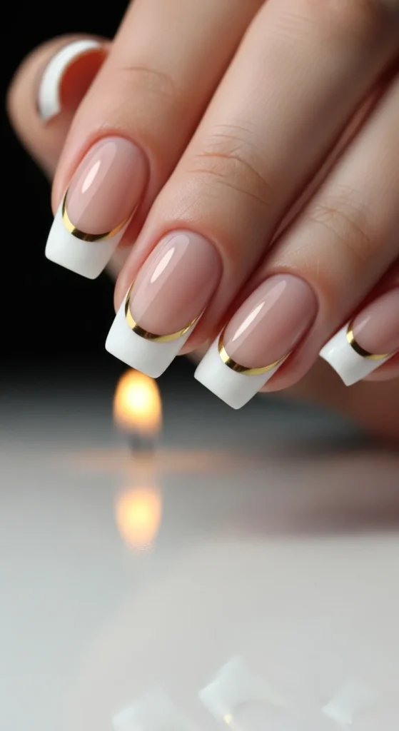 Classic Christmas Nails 2025: 21 Timeless Holiday Nail Designs 13 White French manicure with gold line — minimalist and elegant holiday nail design 2025