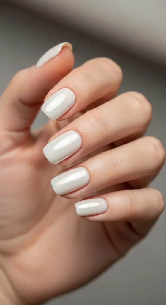Winter pearl finish nails in soft white with elegant sheen.