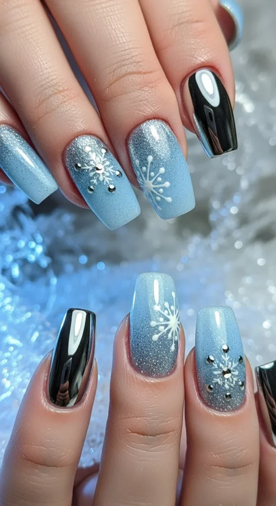 Icy blue and silver winter nails with snowflake art, frosted shimmer, and cool-toned gel finish for 2025 holidays.