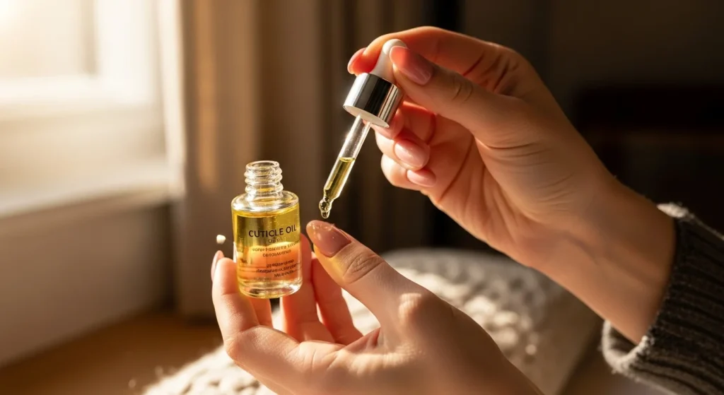 Person applying cuticle oil to acrylic nails