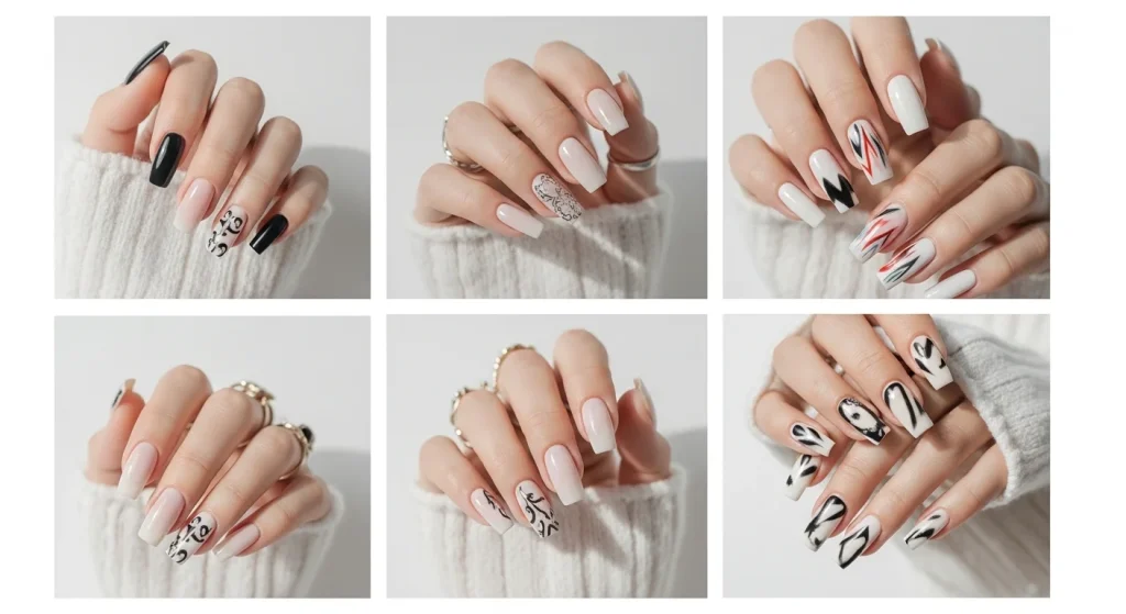 Collage of six trending acrylic full set nail designs for 2025