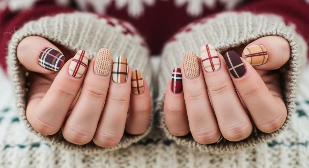 Close-up of plaid nails with cozy sweater-inspired textures in beige, cream, and burgundy tones — matte and knit finishes for a warm holiday manicure look.