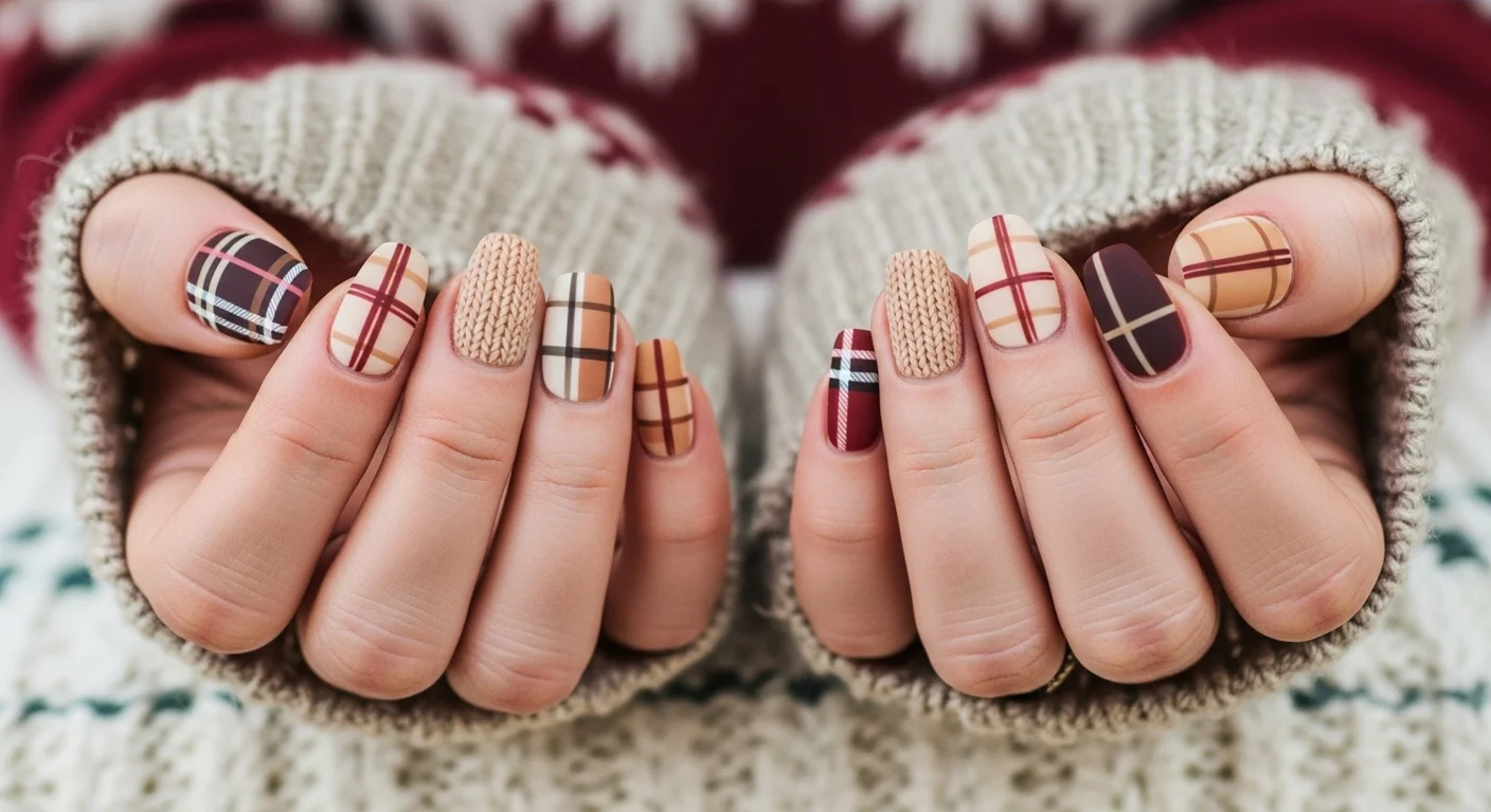 Plaid Nails with Cozy Sweater Texture: Holiday Nail Designs 2025 1 Close-up of plaid nails with cozy sweater-inspired textures in beige, cream, and burgundy tones — matte and knit finishes for a warm holiday manicure look.
