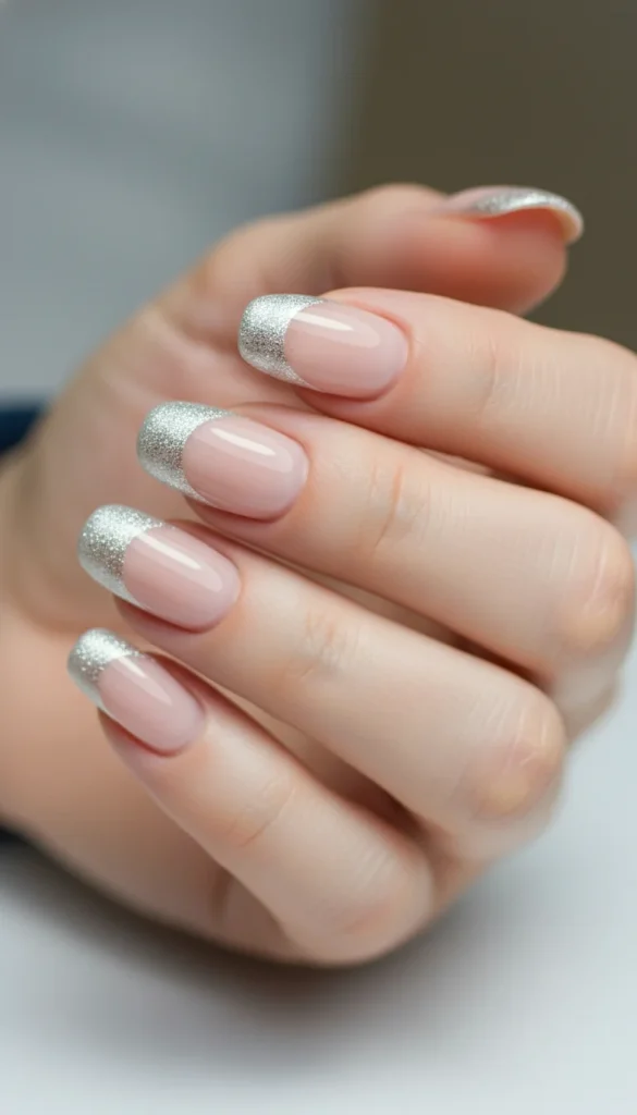clear nails with silver glitter French tips