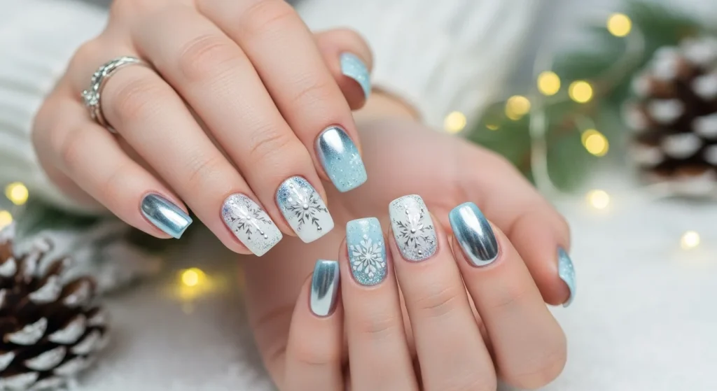 Icy blue and white Winter Wonderland nails with snowflake and chrome designs for 2025.