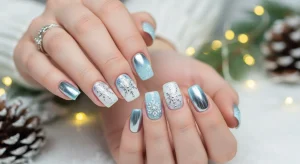 Icy blue and white Winter Wonderland nails with snowflake and chrome designs for 2025.