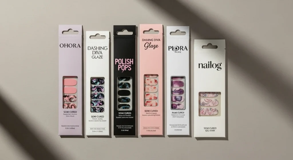 Flat-lay of popular semi cured gel strip brands (Ohora, Dashing Diva Glaze, Polish Pops, Nailog) arranged neatly on neutral background, soft shadows.