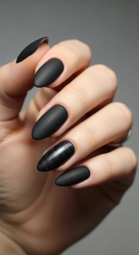 Matte black shimmer nails for New Year’s Eve.