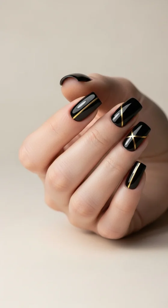 Black nails with diagonal gold striping.