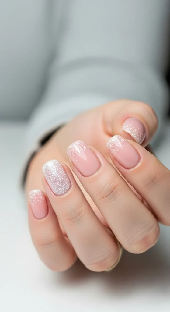 Short Holiday Nails 2025: 21 Festive & Chic Ideas for Every Occasion 2 Short blush pink winter nails with white shimmer and snow dots.