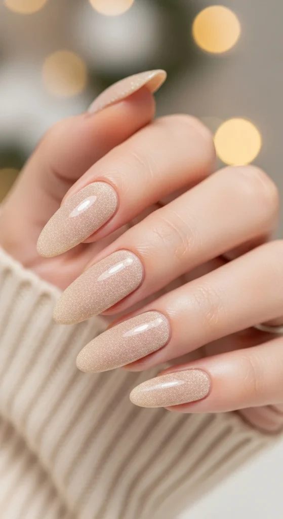 Velvet Chrome & Jelly Nails 2025–26: 30 Textured Holiday Nail Designs That Redefine Glamour 6 Champagne velvet nails for New Year’s Eve look.