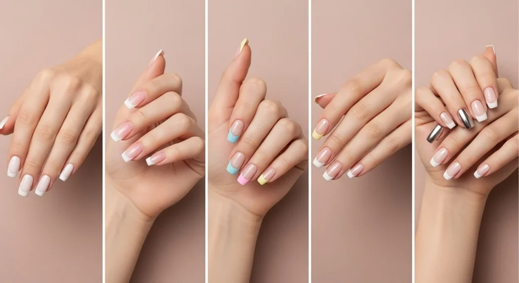 Collage of French full set nail designs — classic, ombre, colored, and chrome styles