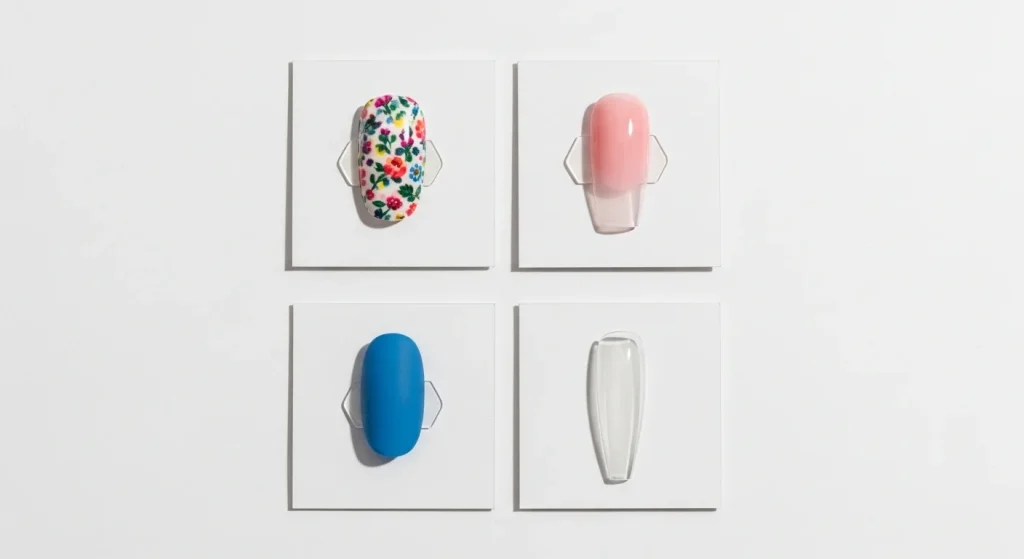 Nail Wraps: The Complete 2026 Guide (What They Are, Types & How to Use Them) 8 A simple flat-lay photo showing four small cards arranged in a grid. Each card contains a different nail option placed on top: a nail wrap, a gel-polished fake nail tip, a press-on nail, and an acrylic nail tip.