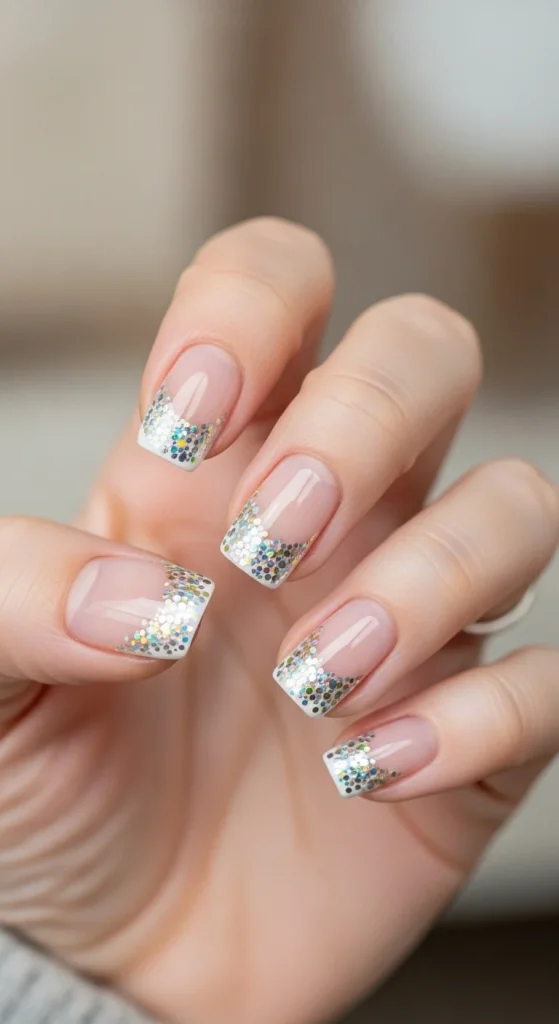 Confetti French tip nails for festive New Year’s Eve.