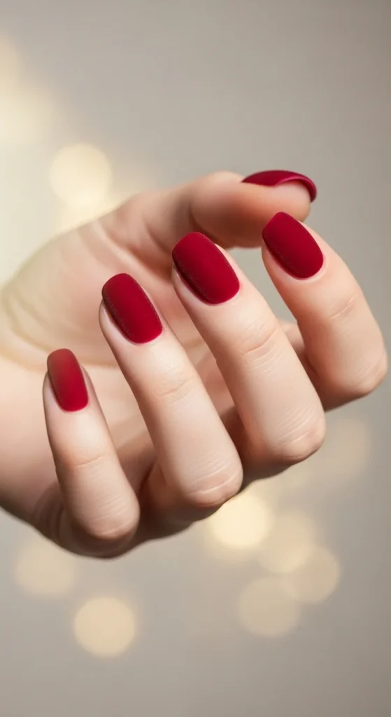 Velvet Chrome & Jelly Nails 2025–26: 30 Textured Holiday Nail Designs That Redefine Glamour 2 Crimson velvet nails for elegant holiday dinner.