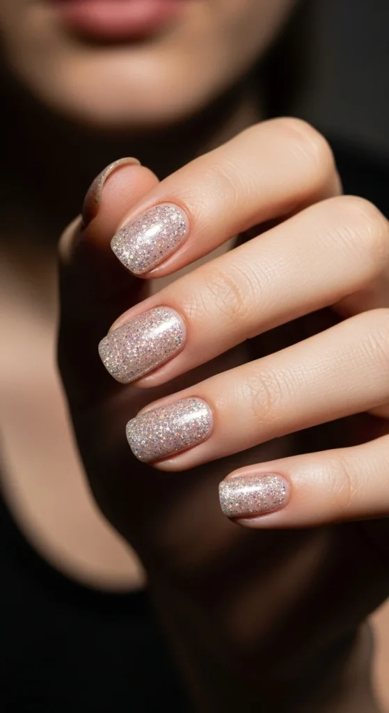 Nude nails with fine diamond dust glitter.