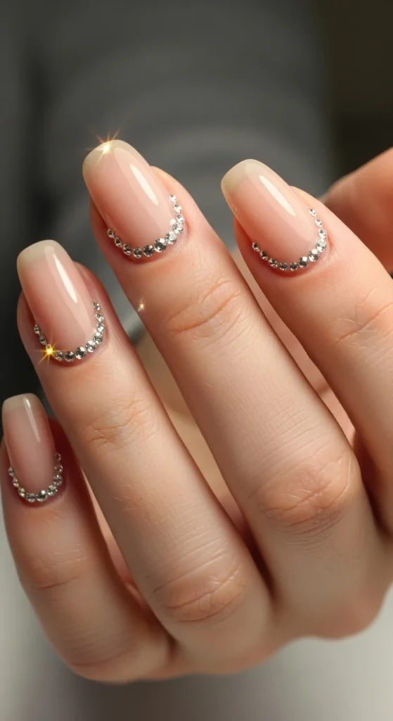 Nude nails with diamond rhinestone cuticle halos.