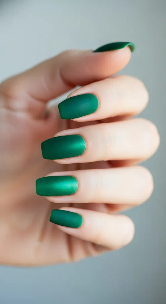 Velvet Chrome & Jelly Nails 2025–26: 30 Textured Holiday Nail Designs That Redefine Glamour 5 Emerald velvet nails for holiday gala.