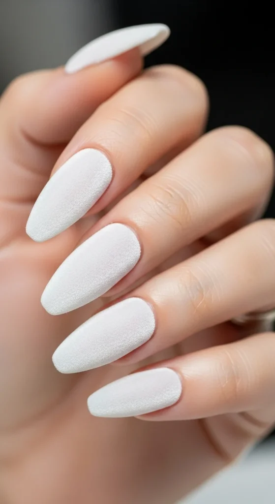 Velvet Chrome & Jelly Nails 2025–26: 30 Textured Holiday Nail Designs That Redefine Glamour 8 White velvet nails for cozy holiday look.