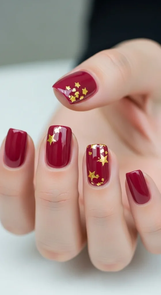 Short Holiday Nails 2025: 21 Festive & Chic Ideas for Every Occasion 9 Short cranberry red nails with star gold foil highlights