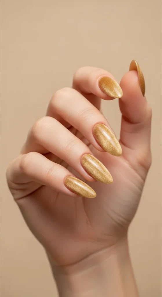 Velvet Chrome & Jelly Nails 2025–26: 30 Textured Holiday Nail Designs That Redefine Glamour 11 Gold velvet nails for festive night.