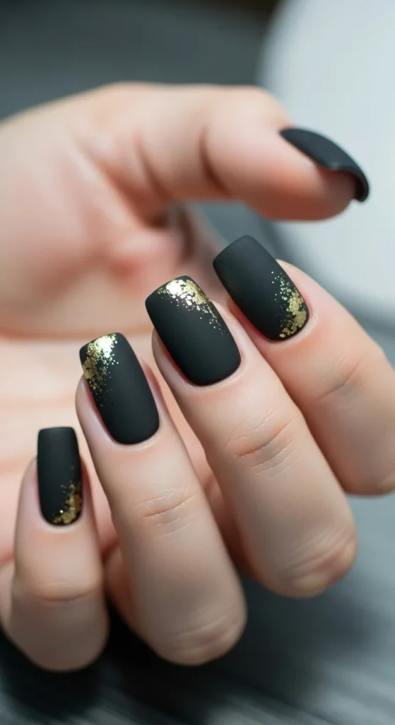 Gold foil New Year’s Eve nails on black base.