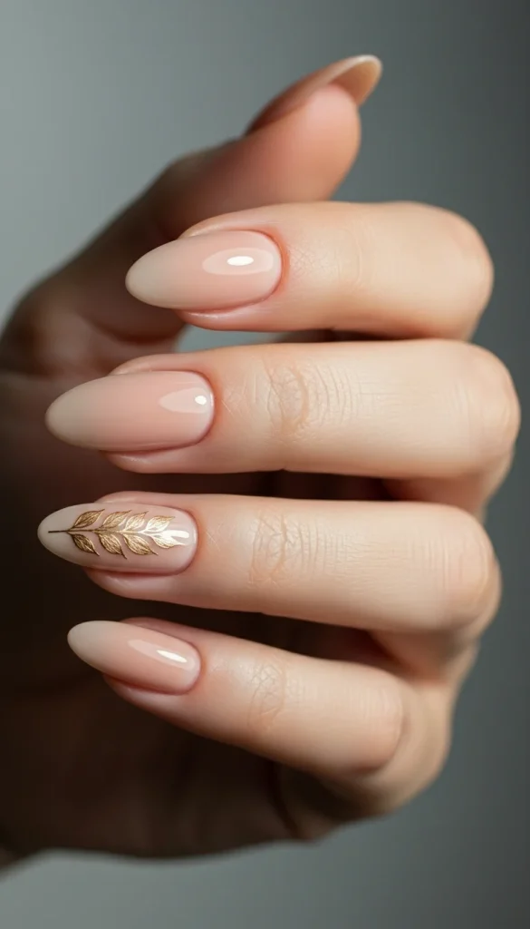 Nude nails with gold leaf accents.