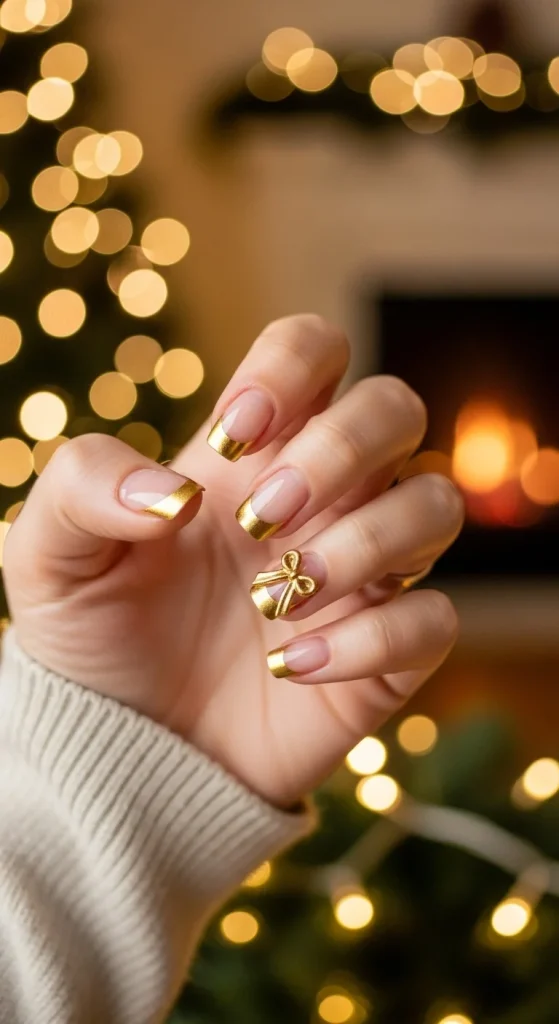 Short Holiday Nails 2025: 21 Festive & Chic Ideas for Every Occasion 6 Short clear French nails with gold ribbon line.