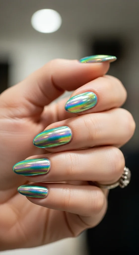 Velvet Chrome & Jelly Nails 2025–26: 30 Textured Holiday Nail Designs That Redefine Glamour 20 Holographic chrome nails for party glam.