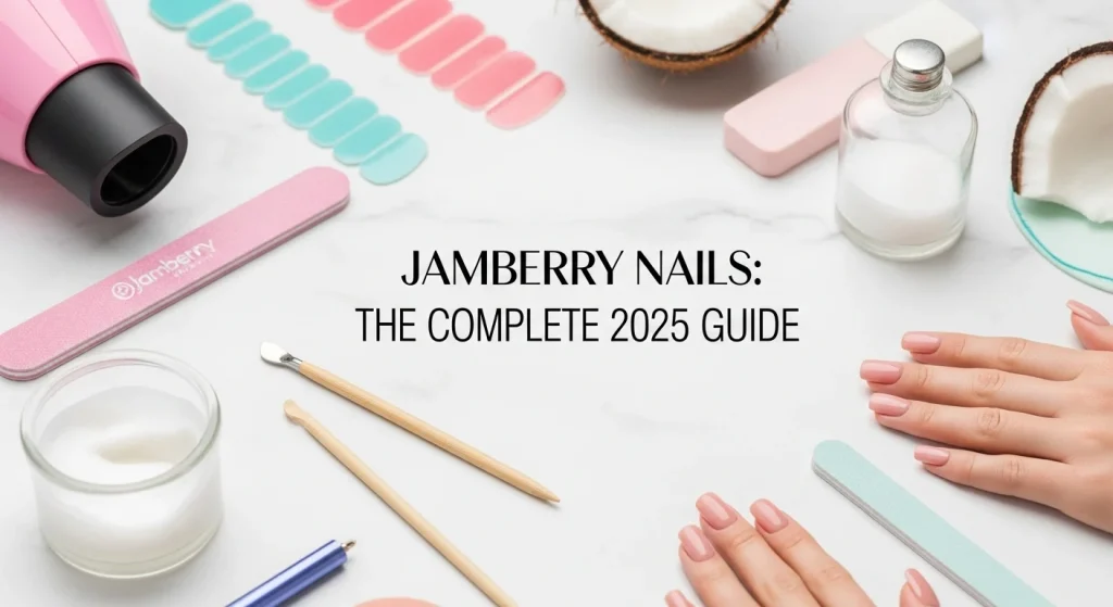 Jamberry Nails: What Happened, How to Apply Them & The Best Alternatives (2026 Guide) 12 A close-up, beautifully lit flat lay of manicure tools arranged aesthetically on a clean white marble background — including Jamberry nails wraps, a mini heater or hair dryer, nail file, cuticle pusher, coconut oil, and clean natural nails.