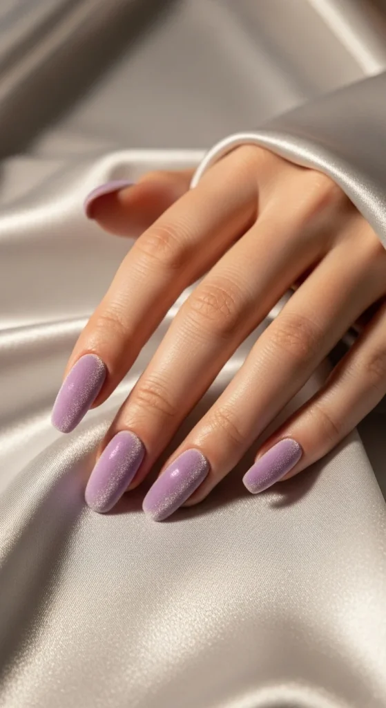 Velvet Chrome & Jelly Nails 2025–26: 30 Textured Holiday Nail Designs That Redefine Glamour 10 Lilac velvet nails for elegant spring occasion.