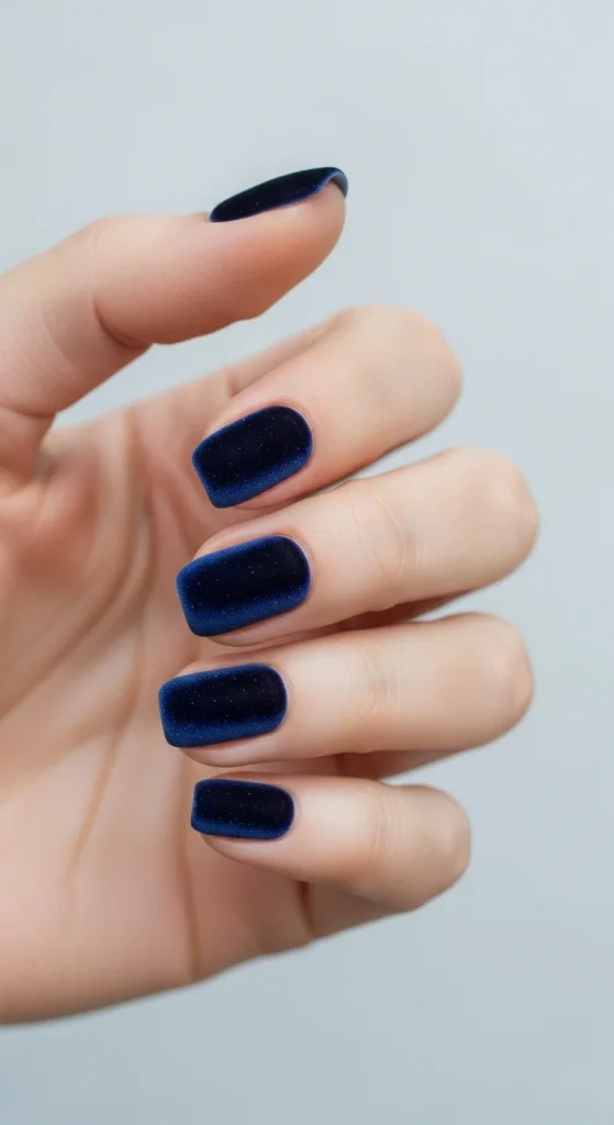 Velvet Chrome & Jelly Nails 2025–26: 30 Textured Holiday Nail Designs That Redefine Glamour 3 Midnight Velvet Dreams Nails