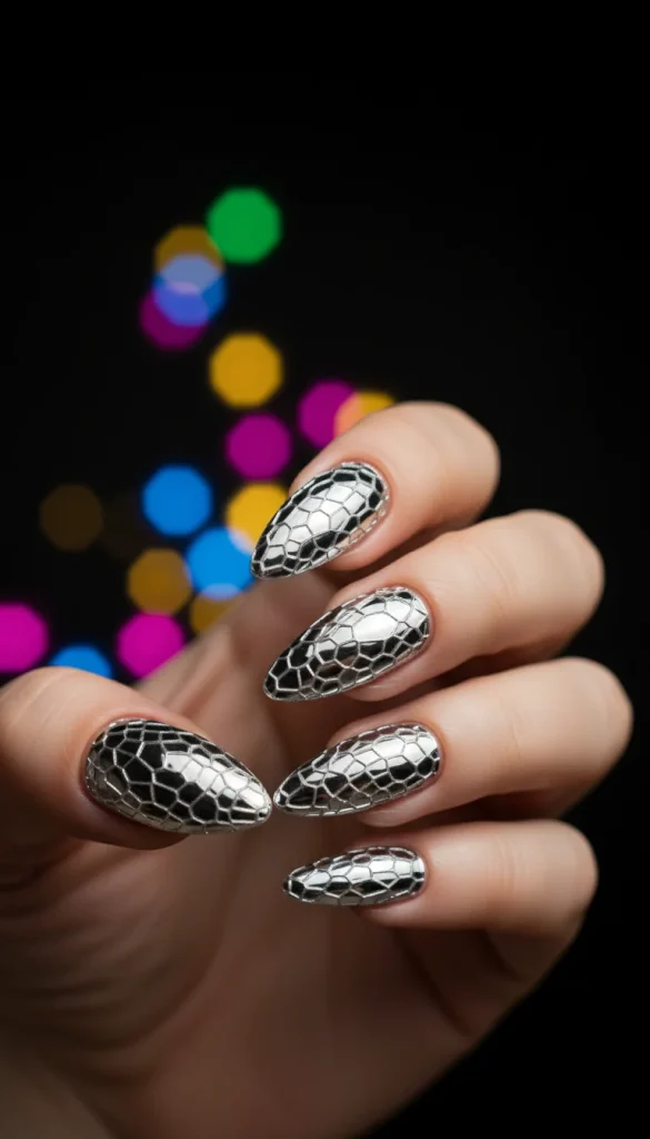 Mirror silver chrome nails inspired by disco balls.