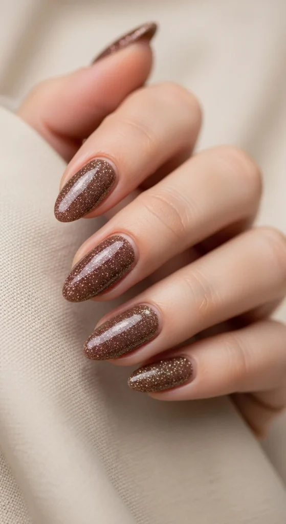 Mocha nails with champagne glitter for New Year’s.