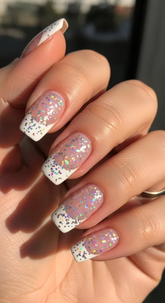 Multicolor holographic confetti nails for NYE 2026.