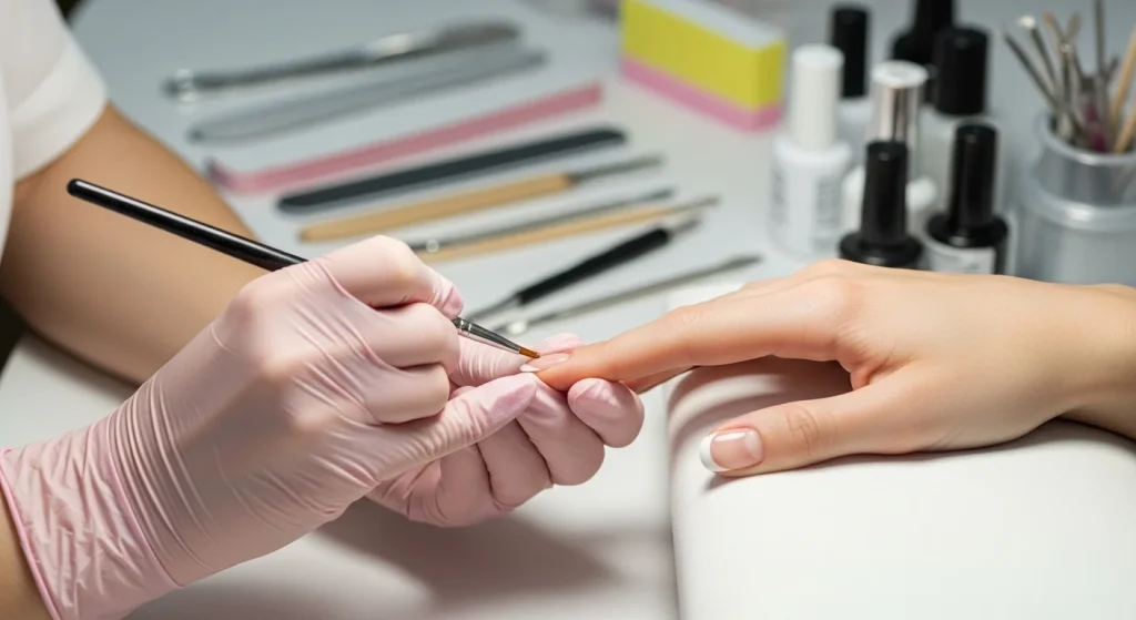 Nail artist applying French full set white tips at salon