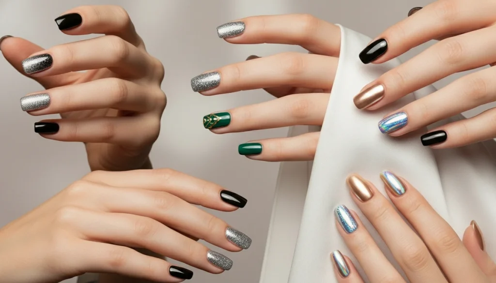 New Year’s Eve Glam Nails: 21 Sparkling Designs to Ring In 2026 14 Multiple hands showcasing New Year’s Eve glam nails 2025–26 — black chrome, silver glitter, emerald, and champagne chrome designs in a soft neutral studio setting.