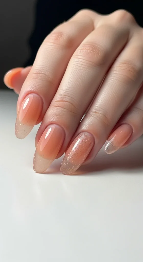 Velvet Chrome & Jelly Nails 2025–26: 30 Textured Holiday Nail Designs That Redefine Glamour 24 Peach jelly nails for bright summer looks.