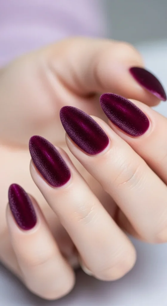Velvet Chrome & Jelly Nails 2025–26: 30 Textured Holiday Nail Designs That Redefine Glamour 7 Plum velvet nails for winter evening look.