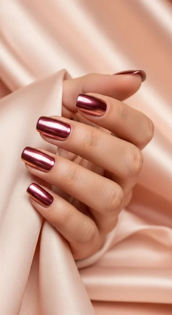 Velvet Chrome & Jelly Nails 2025–26: 30 Textured Holiday Nail Designs That Redefine Glamour 13 Rose gold chrome nails for romantic look.