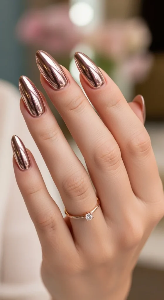 Rose gold chrome nails for elegant New Year’s Eve.