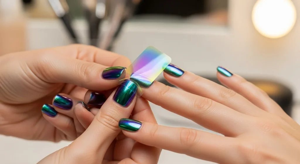 Nail Wraps: The Complete 2026 Guide (What They Are, Types & How to Use Them) 6 A close-up photo of a hand applying a semi-cured gel nail wrap