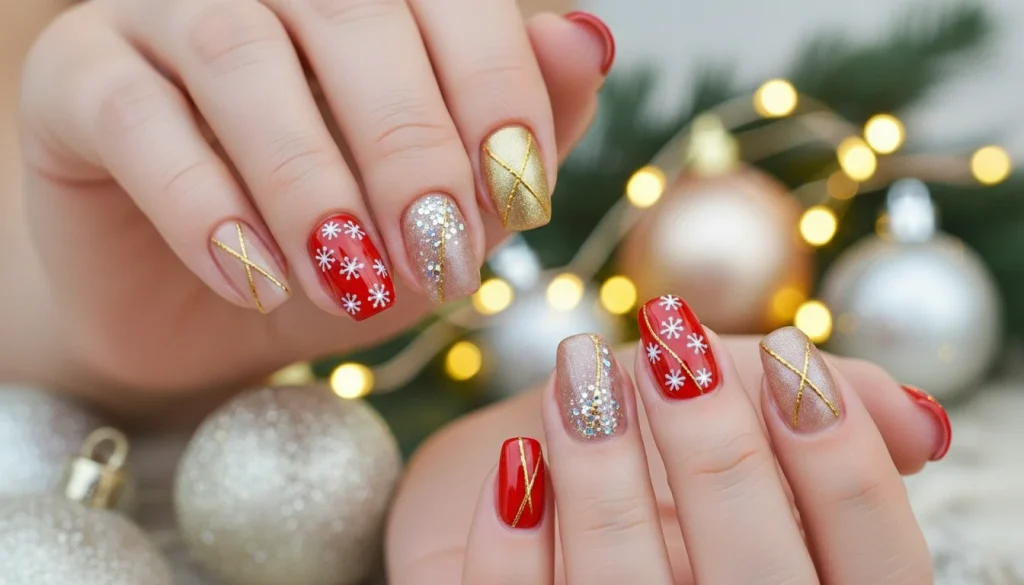 Short Holiday Nails 2025: 21 Festive & Chic Ideas for Every Occasion 6 Festive short holiday nails in red, gold, and nude tones with winter background.