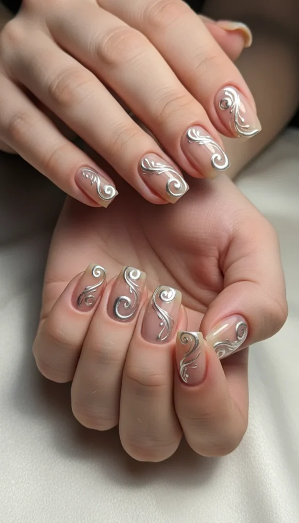 Silver swirl chrome nails for New Year 2026.