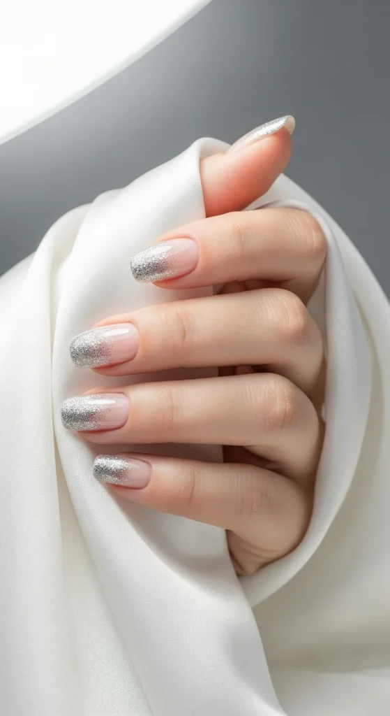 Silver glitter ombré nails for New Year’s Eve party.