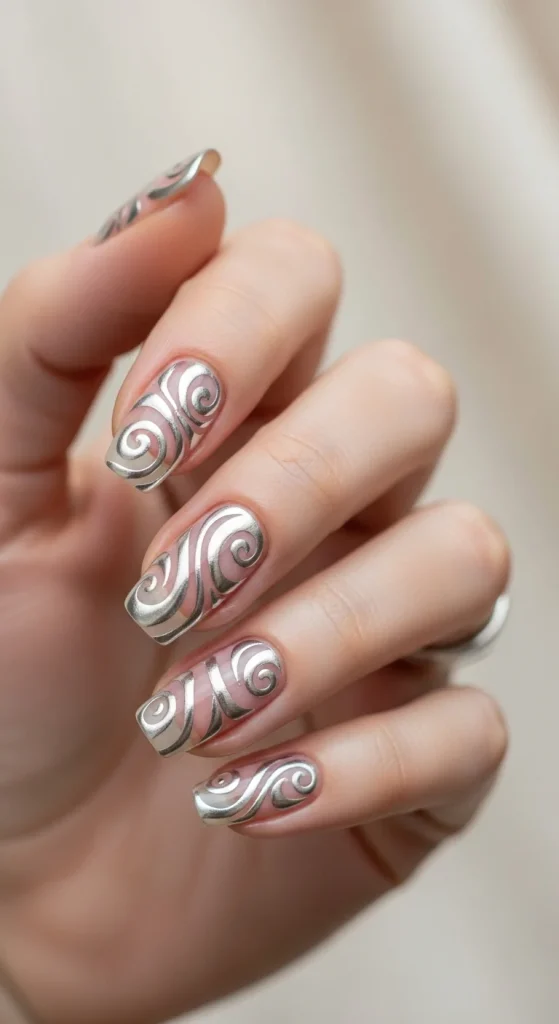 Velvet Chrome & Jelly Nails 2025–26: 30 Textured Holiday Nail Designs That Redefine Glamour 19 Silver swirl chrome nails for modern trend look.