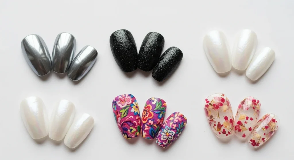 Nail Wraps: The Complete 2026 Guide (What They Are, Types & How to Use Them) 3 A simple overhead photo showing five types of nail wraps arranged in separate small groups