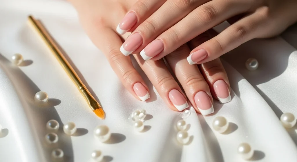 Elegant French full set nails with pink base and white tips on silk background