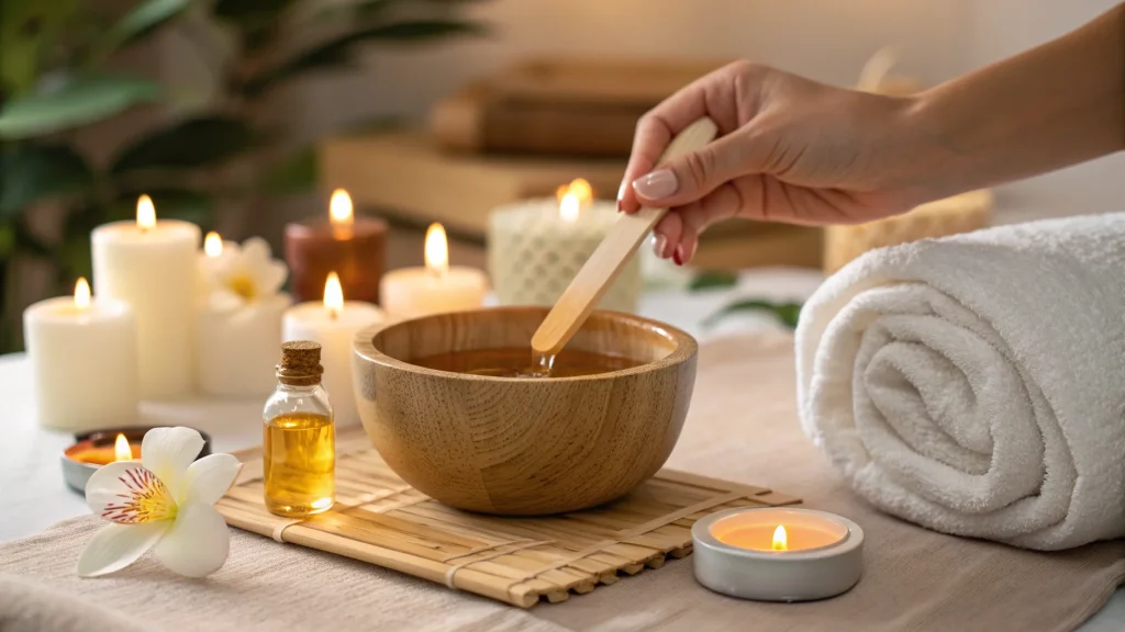 Hand soaking nails in warm oil while lifting a semi cured gel nail strip with wooden cuticle stick, spa-like relaxing scene.